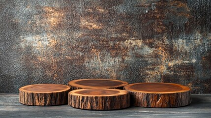 Fototapeta premium Rustic Wooden Tree Slices on a Gray Background