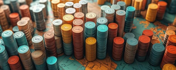 Colorful coins arranged in stacks on a world map, representing global finance and digital currency growth.