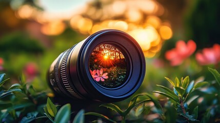 Camera lens capturing a sunset through flowers.
