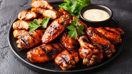 Fototapeta premium Delicious grilled chicken wings with fresh herbs and dipping sauce.