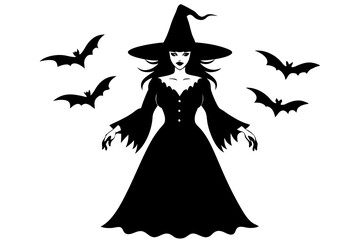 Little flying witch, Halloween party. A girl on a broom with a black cat and a pumpkin lantern, isolated graphics