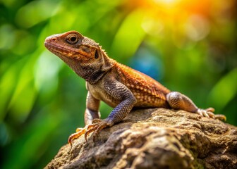 Fototapeta premium Brown Lizard Sunbathing on a Rock in a Natural Habitat with Green Background and Clear Details