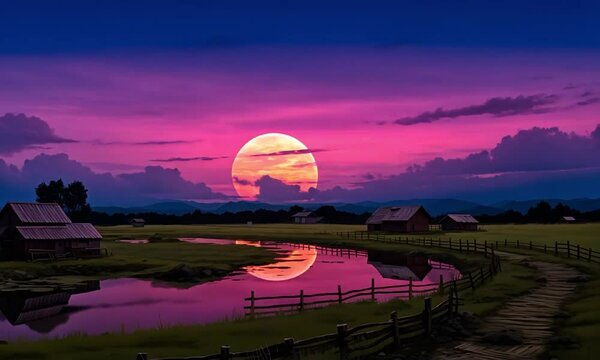Full moon rises over tranquil wetland at dusk video lofi animation. Rustic cabins moonrise rural waterside animated cartoon lo-fi HD clip motion graphics 2D. Countryside concept
