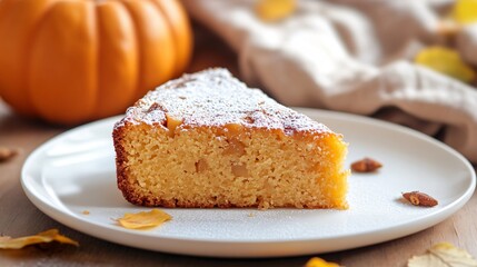 A single slice of apple cake on a plain white plate, with a simple pumpkin decoration nearby and warm autumn tones creating a cozy yet minimalist mood