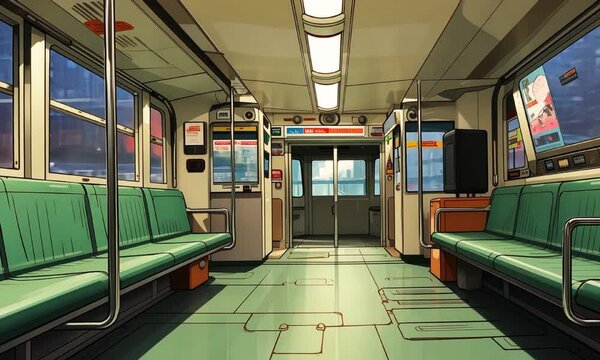 Cozy train interior with morning sunlight video lofi animation. Sunny commute animated cartoon lo-fi HD clip motion graphics 2D. Vacant carriage. Peaceful transport coziness concept