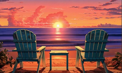 Adirondack chairs facing stunning ocean sunset video lofi animation. Patio glass doorway beach waves animated cartoon lo-fi HD clip motion graphics 2D. Beachfront seaside cozy concept - Powered by Adobe