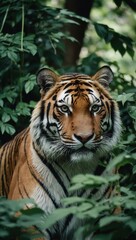 Obraz premium Tiger in natural jungle habitat with lush green surroundings