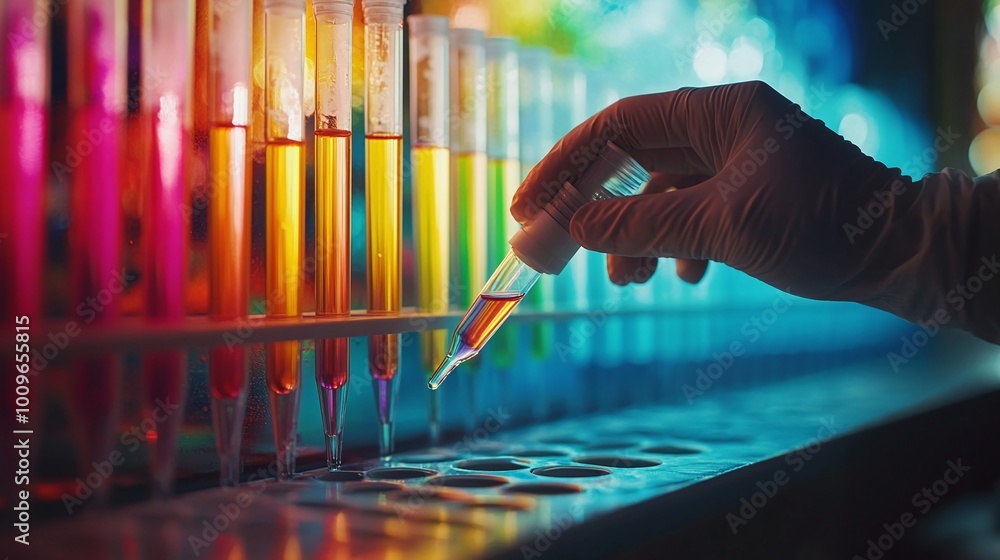 Canvas Prints vibrant lab research: a gloved hand expertly handling liquid in test tubes, showcasing the spectrum of innovation in modern science and medical exploration