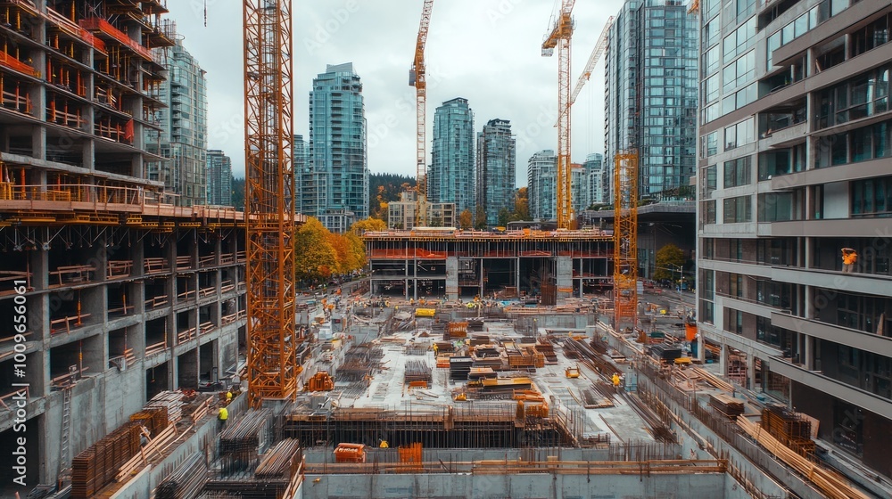 Wall mural urban construction site with cranes and buildings