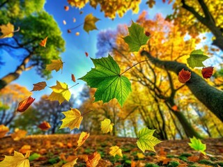 Captivating Green Leaves Gently Falling from a Tree in Autumn's Embrace Against a Clear Sky