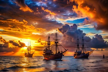 Fototapeta premium Captivating Scene of Pirate Boats Sailing on a Mysterious Ocean Under a Dramatic Sunset Sky