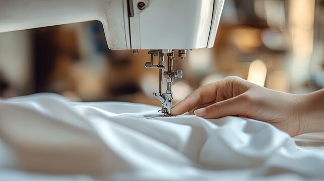 The act of sewing with a modern sewing machine in a workshop