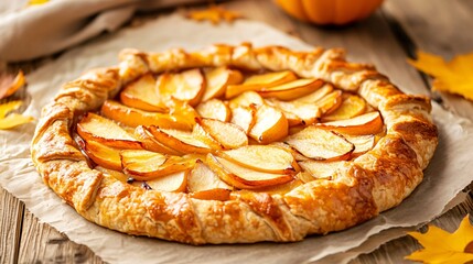 Pumpkin and apple galette placed on a simple wooden table, with only a neutral-colored linen cloth and a few golden autumn leaves in the background