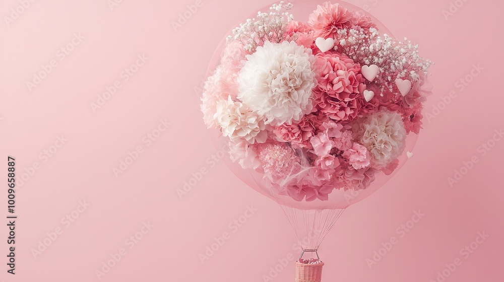 Canvas Prints  A balloon brimming with pink and white blooms atop a pink backdrop, beside a wine bottle