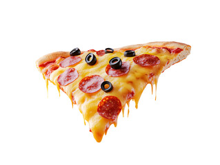 a slice of pizza with olives and pepperoni