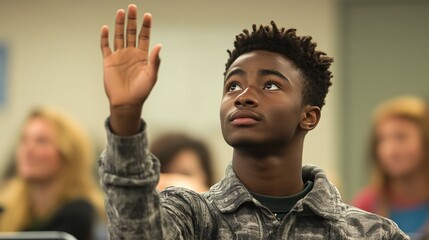 enthusiastic and engaged student confidently raising his hand in a classroom discussion, actively participating in an educational and intellectual setting