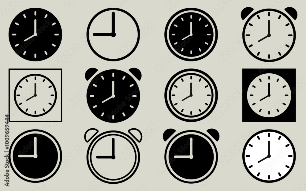 Poster clock icon collection time watch vector buttons set alarm hour countdown timer white tranparent back