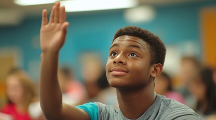 enthusiastic and engaged student confidently raising his hand in a classroom discussion, actively participating in an educational and intellectual setting
