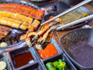 Korean food. Grilled eel. Three flavors. Spicy sauce, salt, soy sauce