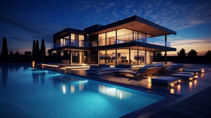 Luxurious and modern house with swimming pool at night