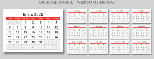 2025 Spanish calendar. A collection of paper page vector illustrations for each month in year. Spain