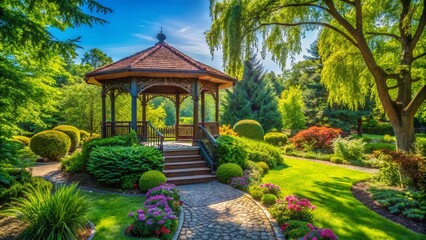 Obraz premium Charming gazebo surrounded by lush greenery in a tranquil garden setting on a sunny day