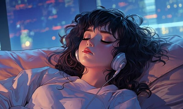 Relaxed anime girl in bed, listening to music video lofi animation. Night cityscape bedroom headphones woman animated cartoon lo-fi HD clip motion graphics 2D. Peaceful night concept