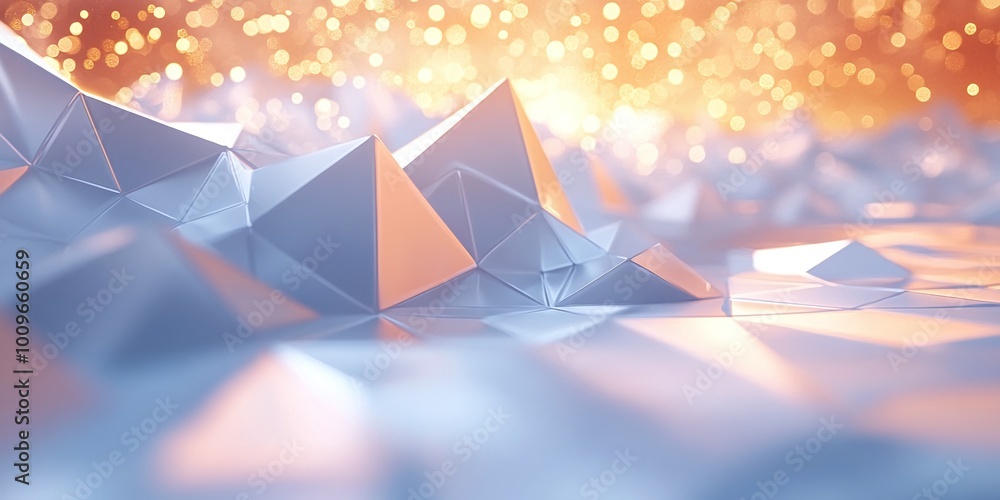 Poster glowing bokeh lights on a white abstract background with futuristic geometric shapes, blending moder