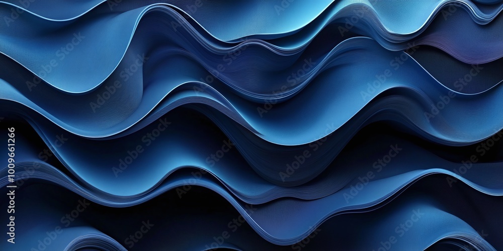 Poster digital fluid abstract blue and black 3d wavy pattern with modern curved textures, creating a futuri
