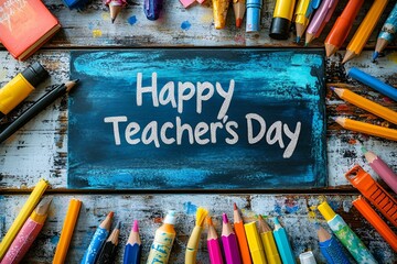 a blue sign surrounded by colored pencils.