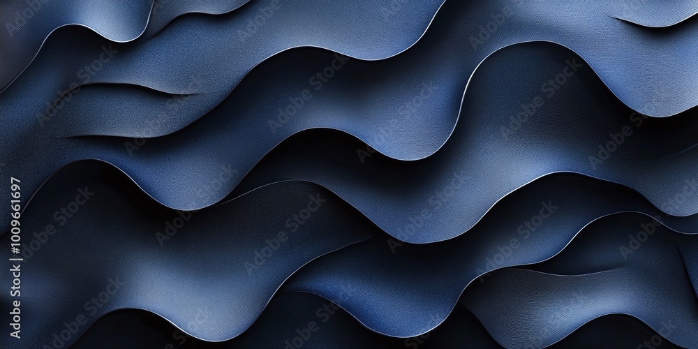 Poster digital fluid abstract blue and black 3d wavy pattern with modern curved textures, creating a futuri