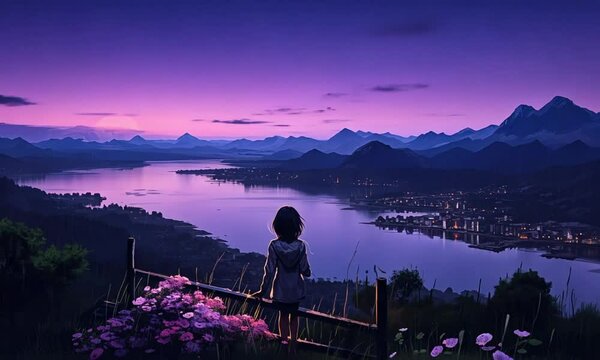 Lonely girl overlooks serene lake at sunset video lofi animation. Blooming flowers, distant mountains animated cartoon lo-fi HD clip motion graphics 2D. Solitary figure chill concept