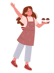 Woman coffee barista waitress.Coffeehouse worker in apron holds hot drink, tray.