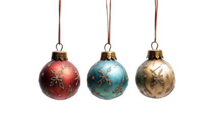 Festive Christmas Tree Ornaments Set, Red, Blue, and Green Baubles with Gold Star Patterns, Holiday Decorations on White Background