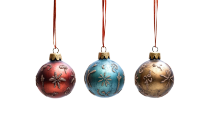 Festive Christmas Tree Ornaments Set, Red, Blue, and Green Baubles with Gold Star Patterns, Holiday Decorations on White Background