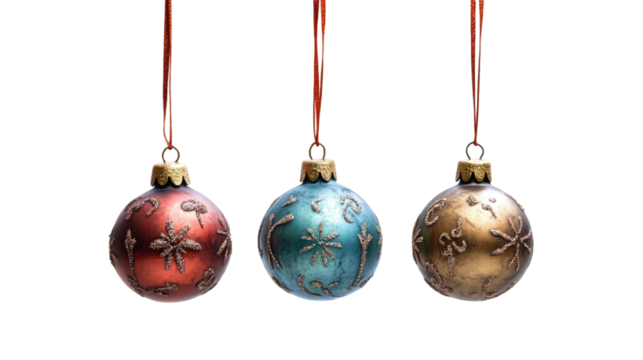 Festive Christmas Tree Ornaments Set, Red, Blue, and Green Baubles with Gold Star Patterns, Holiday Decorations on White Background