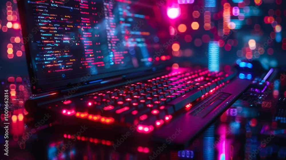 Poster futuristic laptop with code display and neon lights, nighttime tech scene, programming and coding co