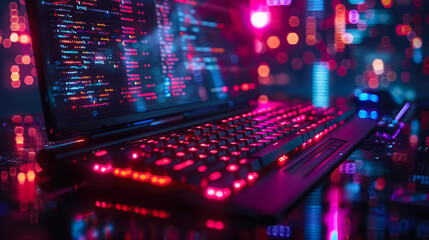 Obraz premium Futuristic Laptop with Code Display and Neon Lights, Nighttime Tech Scene, Programming and Coding Concept