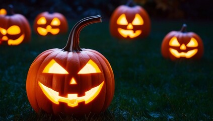 Obraz premium Halloween pumpkins glowing in the dark background, Jack o Lantern, autumn Halloween holiday concept background, Spooky night scene, banner, poster, header, illustration created with generative ai
