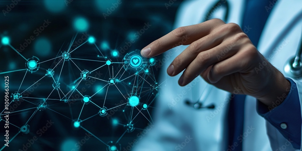Poster ai-powered digital healthcare with a doctor accessing a virtual interface, highlighting connected he