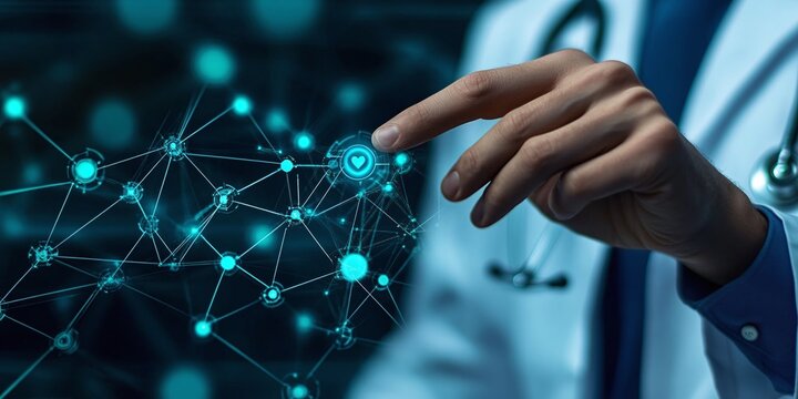 AI-powered digital healthcare with a doctor accessing a virtual interface, highlighting connected health, remote monitoring, and advanced medical diagnostics