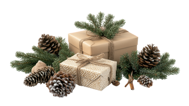 Rustic Christmas Gifts with Natural Decorations, Eco-Friendly Holiday Presents, Pine Cones and Branches, Kraft Paper Wrapped Packages on White Background