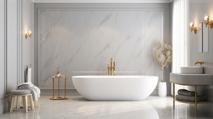 Luxury bathroom interior with elegant decorations, including grey polished marble flooring and walls. A white bathtub, double ceramic basins, and a flowerpot will improve the scenery. 3D Rendering