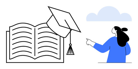 Open book with a graduation cap beside a person pointing. Simple colors and minimalistic design. Ideal for education, graduation, knowledge, learning, and academic success illustrations