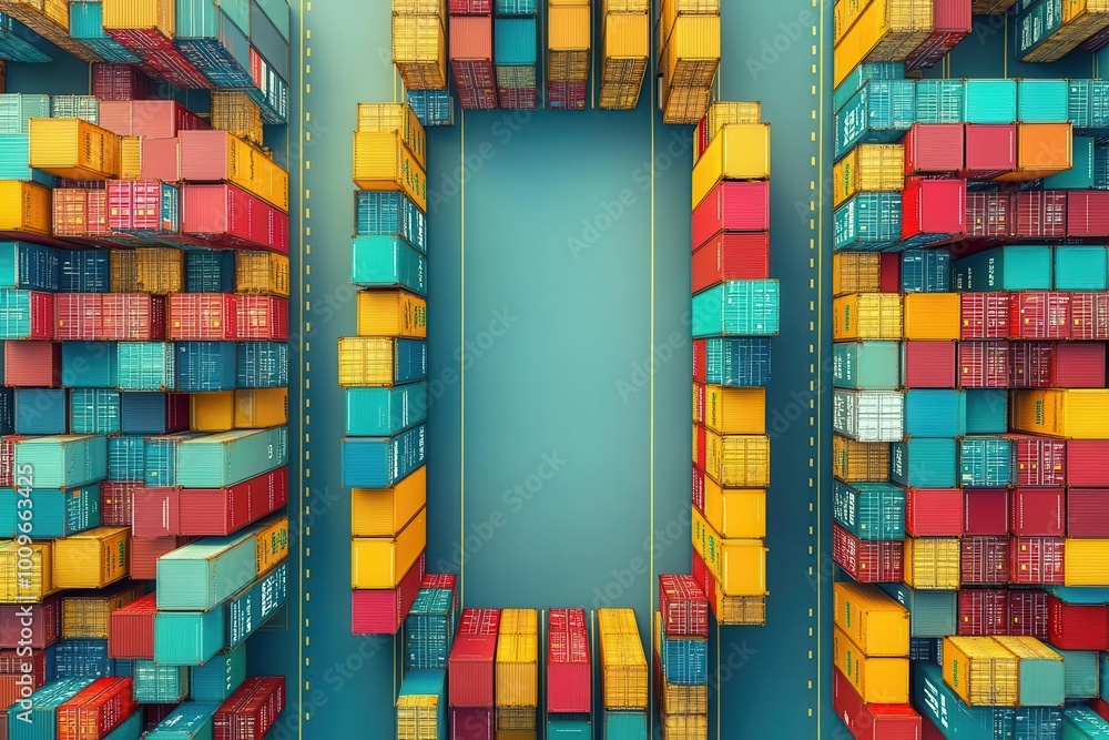 Poster colorful shipping containers arranged in a modern design, creating a vibrant visual frame against a 