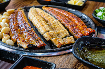 Korean food. Grilled eel. Three flavors. Spicy sauce, salt, soy sauce