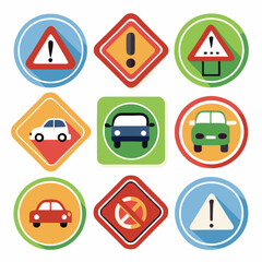 raffic Signs Vector Set in Flat Design, Road Safety, Driving Lesson Materials, Isolated on White