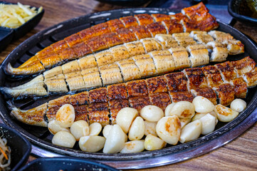 Korean food. Grilled eel. Three flavors. Spicy sauce, salt, soy sauce