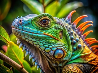 Fototapeta premium Close-Up Iguana Photoshoot Capturing Vibrant Colors and Unique Textures in Natural Environment