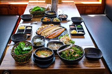 Korean food. Grilled eel. Three flavors. Spicy sauce, salt, soy sauce